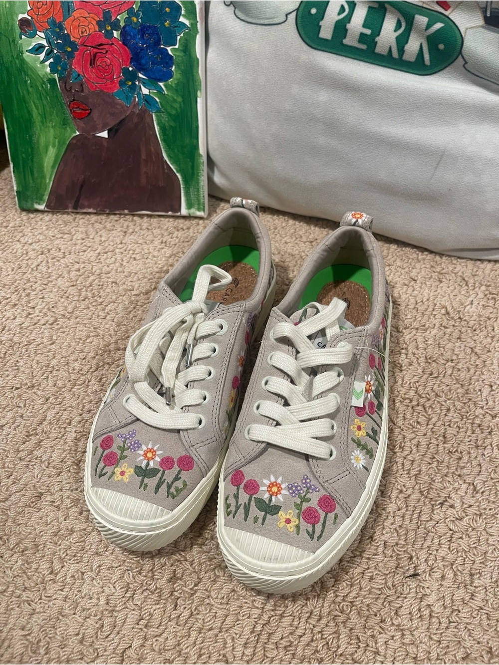 Cariuma Light Gray Canvas Sneakers with Multi-Color Floral Embroidery